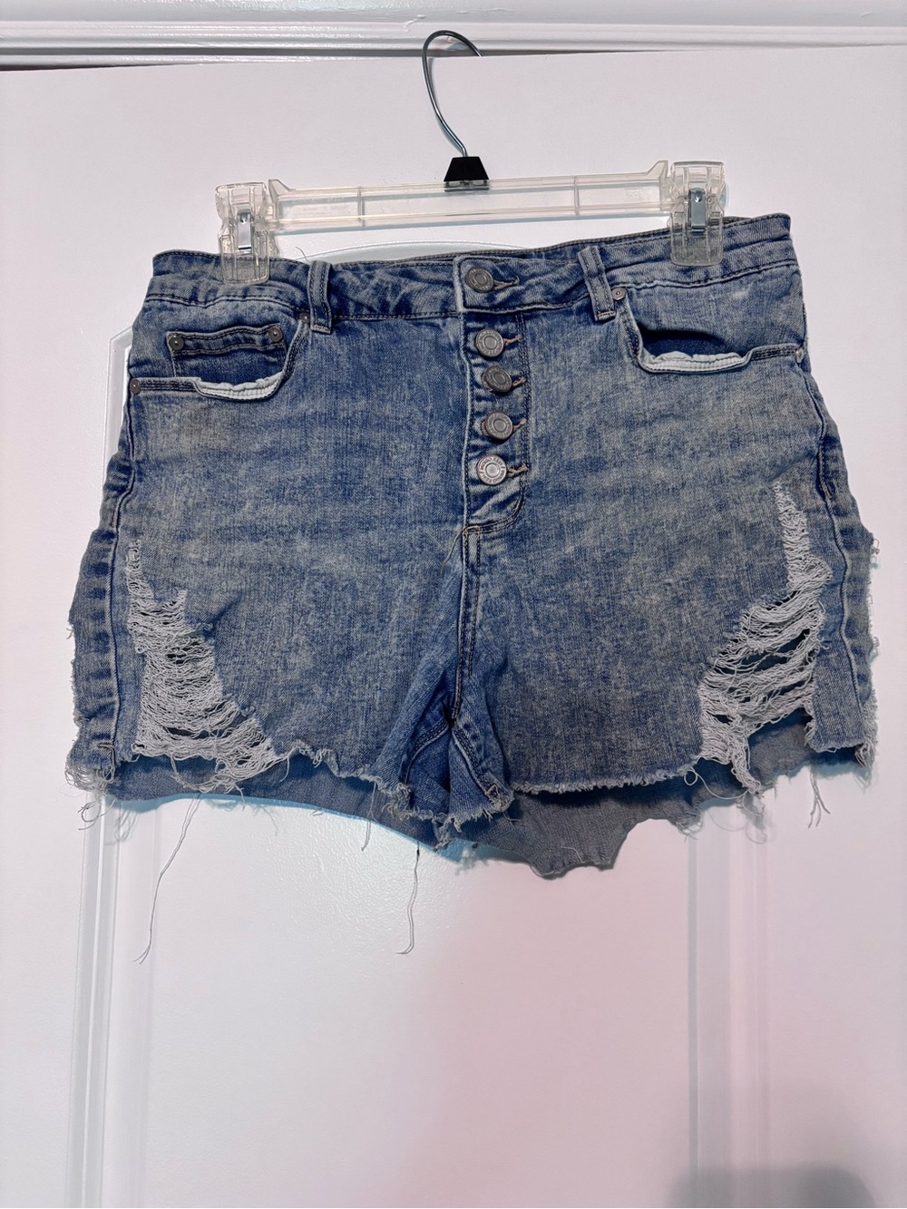 Indigo Rein Distressed High Rise Denim Shorts Size 13/30 Button Fly